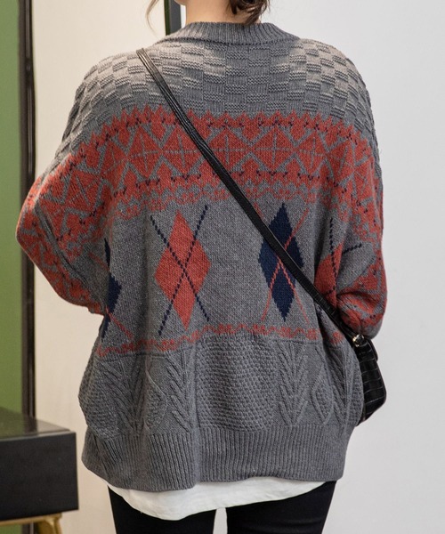 DAY CLOSET（デイ クローゼット）の「レディース ノルディック柄＆アーガイル柄ニットカーディガン 秋冬（カーディガン/ボレロ・レディース・アイボリー/ネイビー/ブラウン/ブラック/モカ/グレー・ONE SIZE）」の14枚目の写真