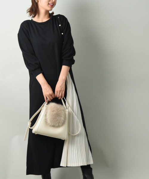 Interplanet インタープラネット の ボタン付プリーツ8分袖ワンピース ワンピース Wear