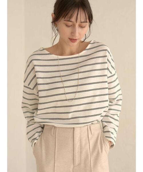 earth music&ecology(アースミュージックアンドエコロジー)の「ECORICHダブルボーダープルオーバー *(Tシャツ/カットソー・レディース・ブラック/オフホワイト/ピンク/グリーン/キャメル・FREE)」の6枚目の写真