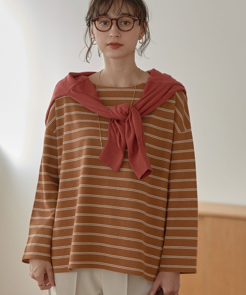 earth music&ecology(アースミュージックアンドエコロジー)の「ECORICHダブルボーダープルオーバー *(Tシャツ/カットソー・レディース・ブラック/オフホワイト/ピンク/グリーン/キャメル・FREE)」の1枚目の写真