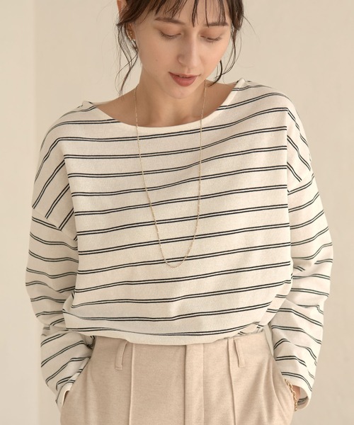 earth music&ecology(アースミュージックアンドエコロジー)の「ECORICHダブルボーダープルオーバー *(Tシャツ/カットソー・レディース・ブラック/オフホワイト/ピンク/グリーン/キャメル・FREE)」の2枚目の写真