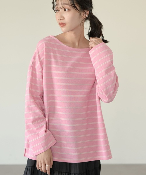 earth music&ecology(アースミュージックアンドエコロジー)の「ECORICHダブルボーダープルオーバー *(Tシャツ/カットソー・レディース・ブラック/オフホワイト/ピンク/グリーン/キャメル・FREE)」の5枚目の写真