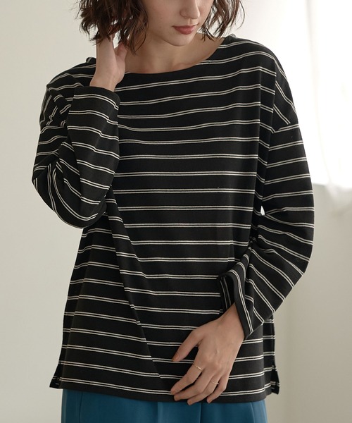 earth music&ecology(アースミュージックアンドエコロジー)の「ECORICHダブルボーダープルオーバー *(Tシャツ/カットソー・レディース・ブラック/オフホワイト/ピンク/グリーン/キャメル・FREE)」の3枚目の写真