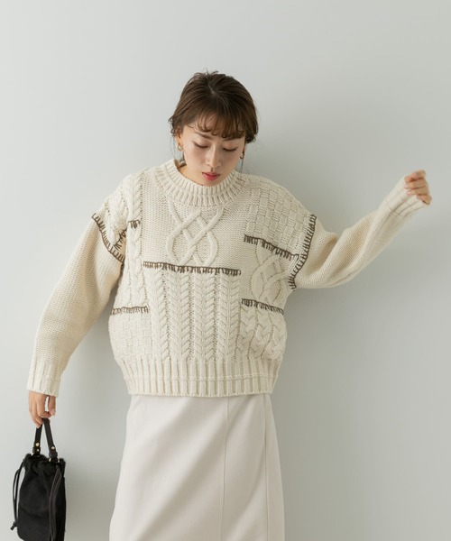 URBAN RESEARCH Sonny Label（アーバンリサーチサニーレーベル）の「パッチワークステッチ ケーブルニット（ニット/セーター・レディース・チャコールグレー/イエロー系その他/オフホワイト・FREE）」の8枚目の写真