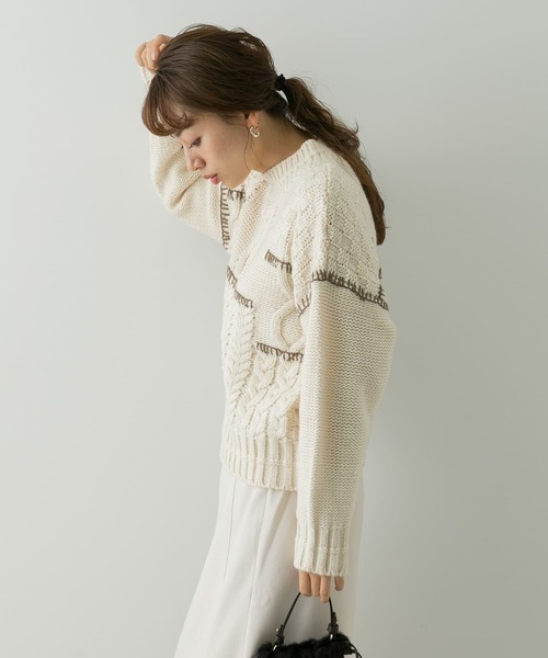 URBAN RESEARCH Sonny Label（アーバンリサーチサニーレーベル）の「パッチワークステッチ ケーブルニット（ニット/セーター・レディース・チャコールグレー/イエロー系その他/オフホワイト・FREE）」の9枚目の写真