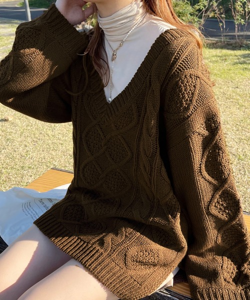 apres jour clair（アプレジュールクレア）の「【apres jour clair】Ｖケーブルニット（ニット/セーター・レディース・ナチュラル/オレンジ/ブラウン系その他・X-LARGE/フリー）」の20枚目の写真