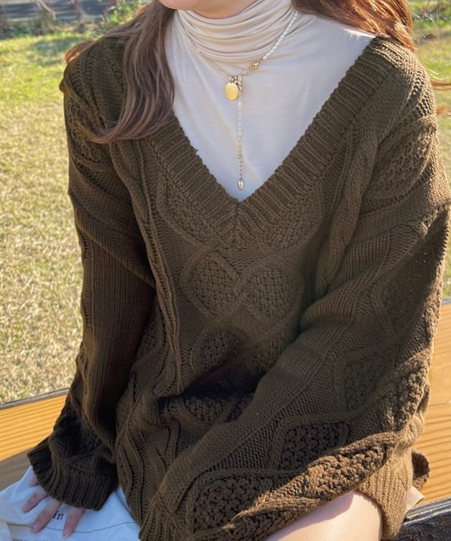 apres jour clair（アプレジュールクレア）の「【apres jour clair】Ｖケーブルニット（ニット/セーター・レディース・ナチュラル/オレンジ/ブラウン系その他・X-LARGE/フリー）」の22枚目の写真