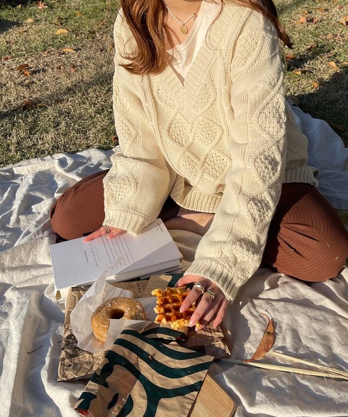 apres jour clair（アプレジュールクレア）の「【apres jour clair】Ｖケーブルニット（ニット/セーター・レディース・ナチュラル/オレンジ/ブラウン系その他・X-LARGE/フリー）」の6枚目の写真