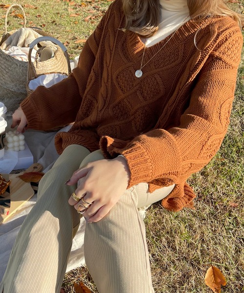 apres jour clair（アプレジュールクレア）の「【apres jour clair】Ｖケーブルニット（ニット/セーター・レディース・ナチュラル/オレンジ/ブラウン系その他・X-LARGE/フリー）」の17枚目の写真
