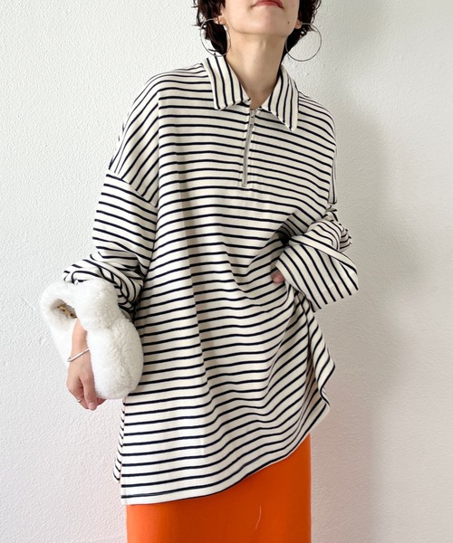 wee9s(ウィークス)の「soft touch border tunic po / お尻すっぽりハーフジップソフトタッチボーダーチュニック(スウェット・レディース・ブラック/ブルー/ミント・FREE)」の3枚目の写真