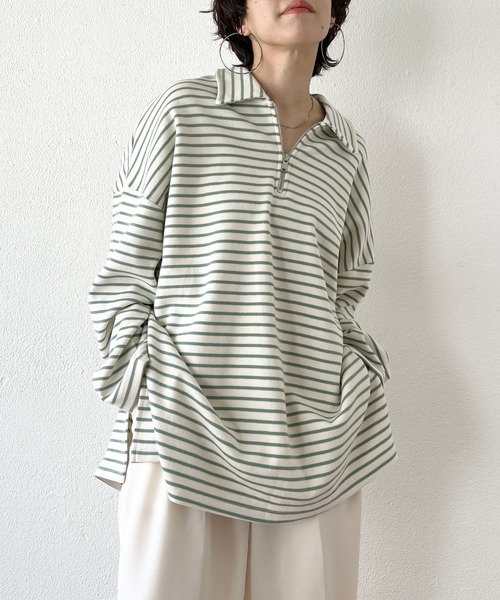 wee9s(ウィークス)の「soft touch border tunic po / お尻すっぽりハーフジップソフトタッチボーダーチュニック(スウェット・レディース・ブラック/ブルー/ミント・FREE)」の2枚目の写真