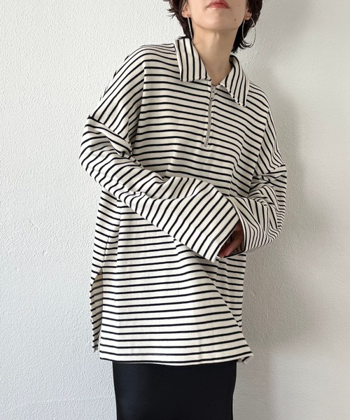 wee9s(ウィークス)の「soft touch border tunic po / お尻すっぽりハーフジップソフトタッチボーダーチュニック(スウェット・レディース・ブラック/ブルー/ミント・FREE)」の1枚目の写真