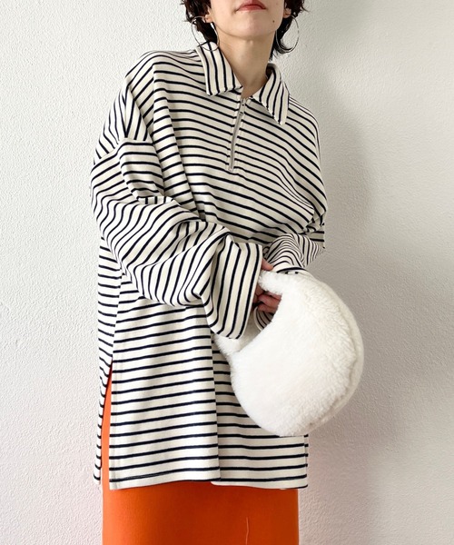 wee9s(ウィークス)の「soft touch border tunic po / お尻すっぽりハーフジップソフトタッチボーダーチュニック(スウェット・レディース・ブラック/ブルー/ミント・FREE)」の19枚目の写真