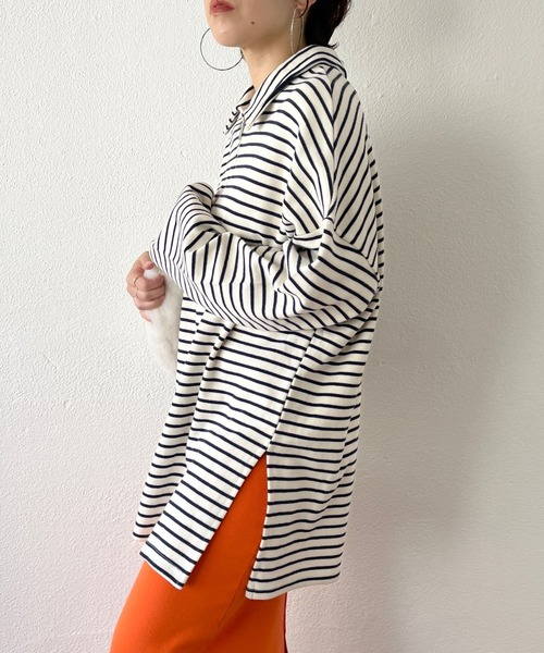 wee9s(ウィークス)の「soft touch border tunic po / お尻すっぽりハーフジップソフトタッチボーダーチュニック(スウェット・レディース・ブラック/ブルー/ミント・FREE)」の22枚目の写真