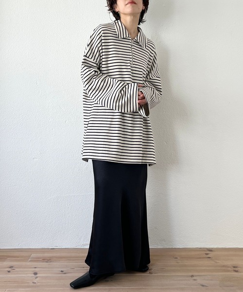 wee9s(ウィークス)の「soft touch border tunic po / お尻すっぽりハーフジップソフトタッチボーダーチュニック(スウェット・レディース・ブラック/ブルー/ミント・FREE)」の4枚目の写真