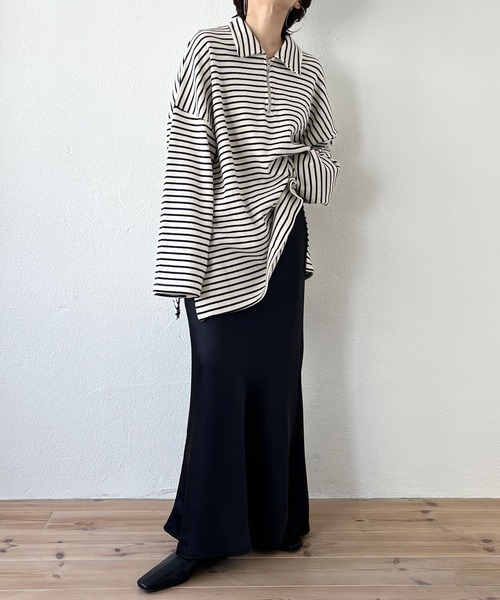 wee9s(ウィークス)の「soft touch border tunic po / お尻すっぽりハーフジップソフトタッチボーダーチュニック(スウェット・レディース・ブラック/ブルー/ミント・FREE)」の6枚目の写真