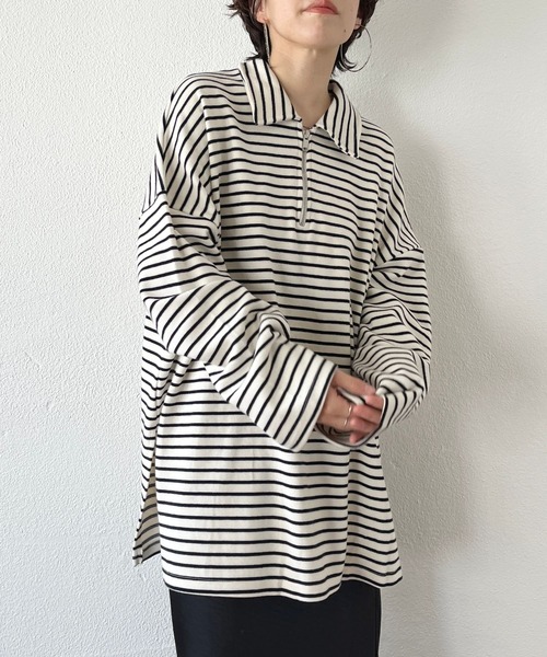 wee9s(ウィークス)の「soft touch border tunic po / お尻すっぽりハーフジップソフトタッチボーダーチュニック(スウェット・レディース・ブラック/ブルー/ミント・FREE)」の9枚目の写真