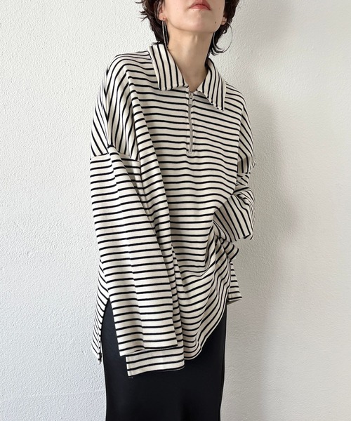 wee9s(ウィークス)の「soft touch border tunic po / お尻すっぽりハーフジップソフトタッチボーダーチュニック(スウェット・レディース・ブラック/ブルー/ミント・FREE)」の10枚目の写真