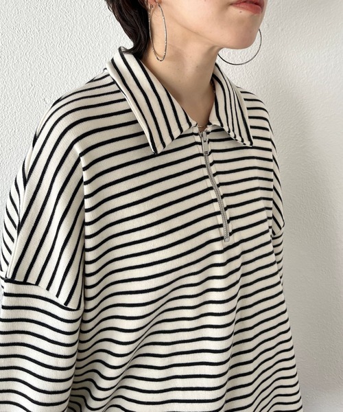 wee9s(ウィークス)の「soft touch border tunic po / お尻すっぽりハーフジップソフトタッチボーダーチュニック(スウェット・レディース・ブラック/ブルー/ミント・FREE)」の13枚目の写真