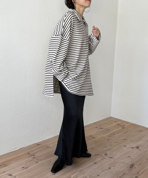 wee9s(ウィークス)の「soft touch border tunic po / お尻すっぽりハーフジップソフトタッチボーダーチュニック(スウェット・レディース・ブラック/ブルー/ミント・FREE)」の15枚目の写真