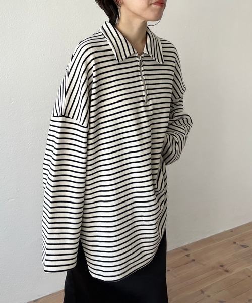 wee9s(ウィークス)の「soft touch border tunic po / お尻すっぽりハーフジップソフトタッチボーダーチュニック(スウェット・レディース・ブラック/ブルー/ミント・FREE)」の17枚目の写真