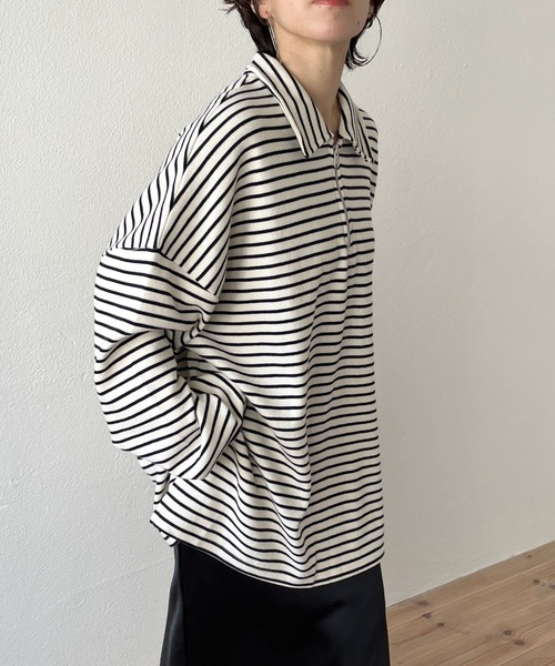 wee9s(ウィークス)の「soft touch border tunic po / お尻すっぽりハーフジップソフトタッチボーダーチュニック(スウェット・レディース・ブラック/ブルー/ミント・FREE)」の18枚目の写真