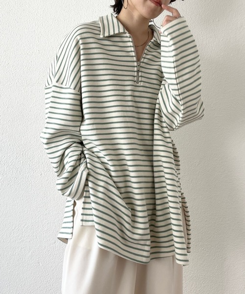 wee9s(ウィークス)の「soft touch border tunic po / お尻すっぽりハーフジップソフトタッチボーダーチュニック(スウェット・レディース・ブラック/ブルー/ミント・FREE)」の5枚目の写真