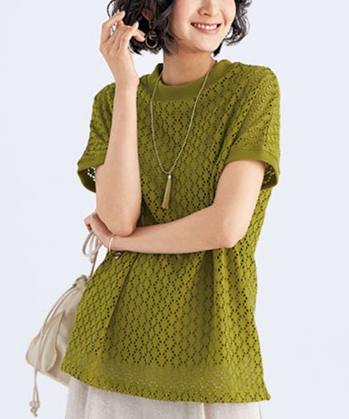 BELLUNA PLUS（ベルーナ）の「ストレッチレース素材プルオーバー（Tシャツ/カットソー・レディース・ネイビー/マスタード/グレー系その他/ライラック・MEDIUM/LARGE/X-LARGE）」の4枚目の写真
