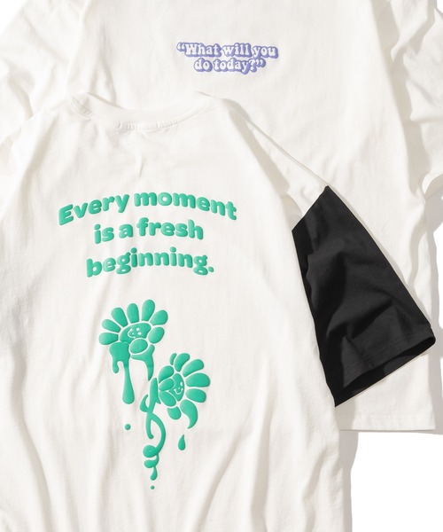 SlashDate（スラッシュデイト）の「グラフィック発泡プリントTシャツ/バックプリント/ビッグシルエット/袖配色/ラグランT（Tシャツ/カットソー・レディース・ホワイト/ブラック/ブルー/グリーン/ホワイト系その他/ブラック系その他/ホワイト系その他2/ホワイト系その他3・M/L）」の3枚目の写真