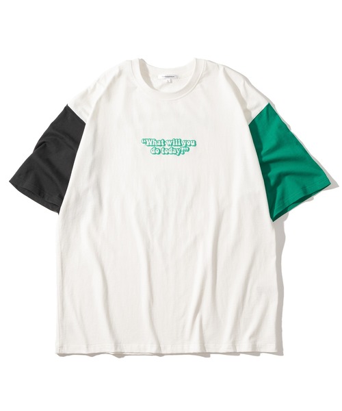 SlashDate（スラッシュデイト）の「グラフィック発泡プリントTシャツ/バックプリント/ビッグシルエット/袖配色/ラグランT（Tシャツ/カットソー・レディース・ホワイト/ブラック/ブルー/グリーン/ホワイト系その他/ブラック系その他/ホワイト系その他2/ホワイト系その他3・M/L）」の13枚目の写真