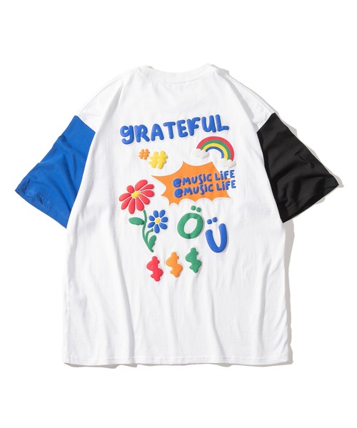 SlashDate（スラッシュデイト）の「グラフィック発泡プリントTシャツ/バックプリント/ビッグシルエット/袖配色/ラグランT（Tシャツ/カットソー・レディース・ホワイト/ブラック/ブルー/グリーン/ホワイト系その他/ブラック系その他/ホワイト系その他2/ホワイト系その他3・M/L）」の22枚目の写真