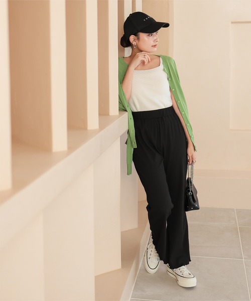 Petitle（プチレ）の「[ 低身長向けサイズ ] 裾メローイージーリブパンツ（その他パンツ・レディース・ブラック/レッド/グリーン/ライトベージュ/オレンジ系/ブラウン/パープル/パープル系/ブルー/ライトグリーン/ライトブルー/アイボリー系/グレー系/チャコール/イエロー系・M/PM）」の17枚目の写真