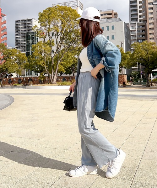 Petitle（プチレ）の「[ 低身長向けサイズ ] 裾メローイージーリブパンツ（その他パンツ・レディース・ブラック/レッド/グリーン/ライトベージュ/オレンジ系/ブラウン/パープル/パープル系/ブルー/ライトグリーン/ライトブルー/アイボリー系/グレー系/チャコール/イエロー系・M/PM）」の21枚目の写真