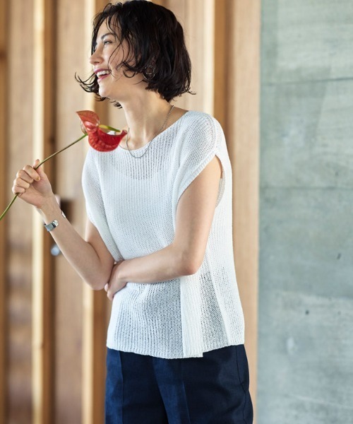 RASW（ラス）の「[RASW] リネン混ローゲージフレンチメッシュニット（ニット/セーター・レディース・オフホワイト/ブラック/ベージュ・M/L）」の19枚目の写真