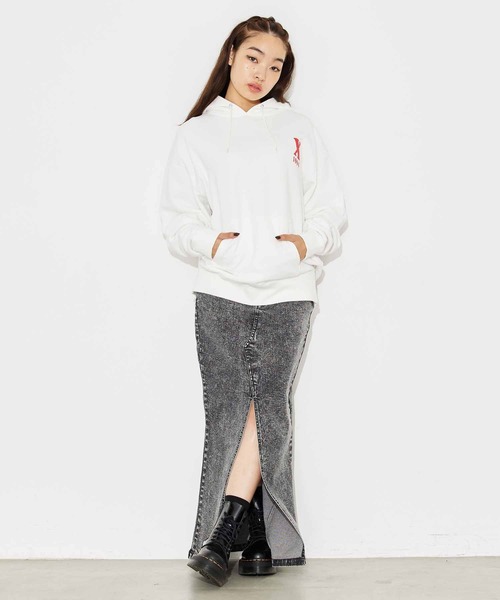 X-girl（エックスガール）の「BLOCK LOGO SWEAT HOODIE（パーカー・レディース・ホワイト/パープル/チャコール・S/M/L/XL）」の10枚目の写真