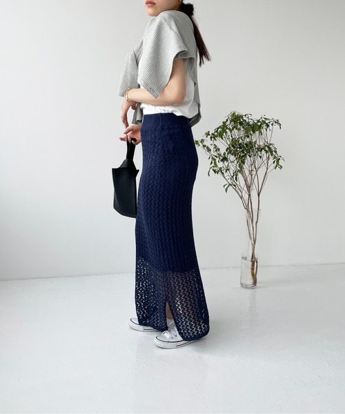 Meli rich（メリーリッチ）の「メッシュニットスカート（スカート・レディース・オフホワイト/ブルーグリーン/ブラウン/ネイビー・MEDIUM）」の9枚目の写真
