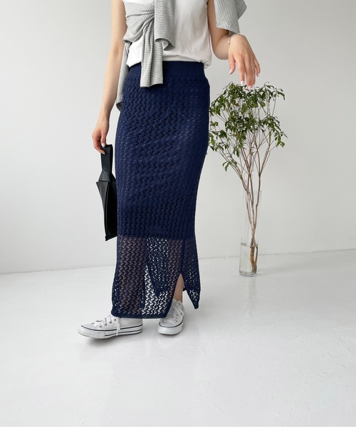 Meli rich（メリーリッチ）の「メッシュニットスカート（スカート・レディース・オフホワイト/ブルーグリーン/ブラウン/ネイビー・MEDIUM）」の6枚目の写真