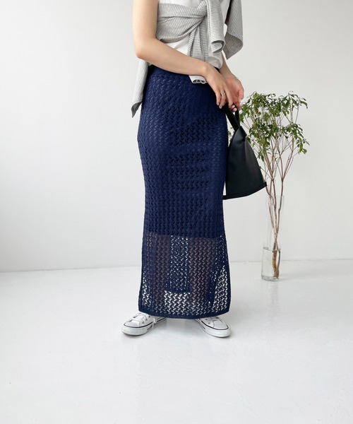 Meli rich（メリーリッチ）の「メッシュニットスカート（スカート・レディース・オフホワイト/ブルーグリーン/ブラウン/ネイビー・MEDIUM）」の8枚目の写真