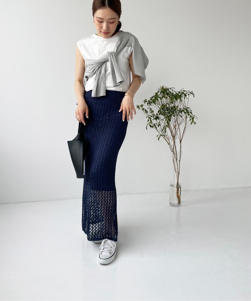 Meli rich（メリーリッチ）の「メッシュニットスカート（スカート・レディース・オフホワイト/ブルーグリーン/ブラウン/ネイビー・MEDIUM）」の11枚目の写真