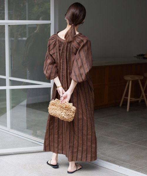 セール】《追加》ボリュームスリーブストライプリネン混ワンピース