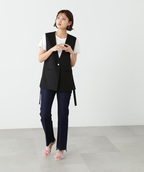 パールボタンジレ セットアップ ブラック パールで女性らしい印象に