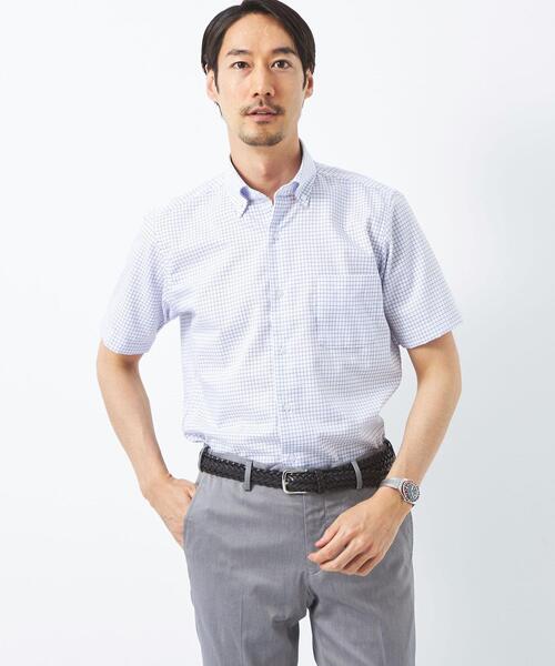 green label relaxing(グリーンレーベルリラクシング)の「パナマ チェック スリム ボタンダウンカラー 半袖 ドレスシャツ -イージーアイロン・接触冷感-(ビジネスシャツ・メンズ・オリーブ/コバルトブルー・S/M/L/XL)」の2枚目の写真