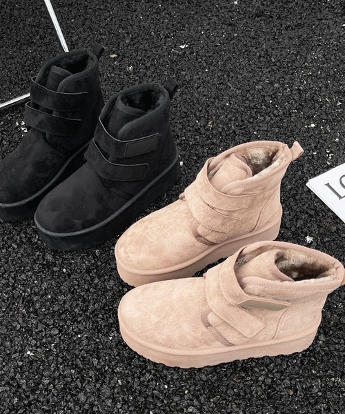 フィント ベルト使いフェイクムートンシューズ ブラウン Mサイズ