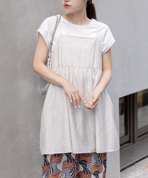 no 582リネン ベージュチェックギャザーチュニック