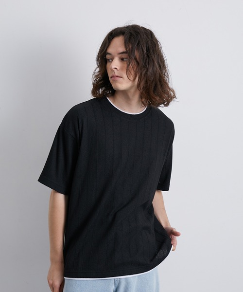JUNRED（ジュンレッド）の「ストライプ梨地フェイクレイヤードTシャツ（Tシャツ/カットソー・メンズ・ブラック/モスグリーン/ブルー・L/LL/M）」の4枚目の写真