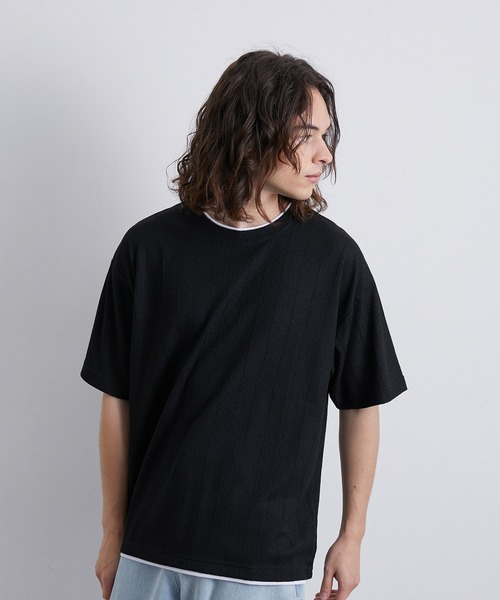 JUNRED（ジュンレッド）の「ストライプ梨地フェイクレイヤードTシャツ（Tシャツ/カットソー・メンズ・ブラック/モスグリーン/ブルー・L/LL/M）」の5枚目の写真