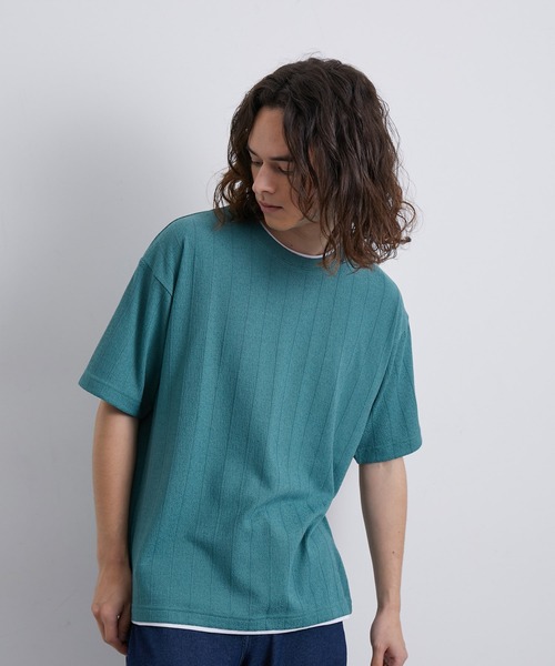 JUNRED（ジュンレッド）の「ストライプ梨地フェイクレイヤードTシャツ（Tシャツ/カットソー・メンズ・ブラック/モスグリーン/ブルー・L/LL/M）」の6枚目の写真