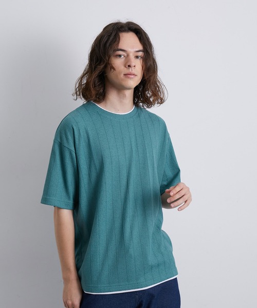 JUNRED（ジュンレッド）の「ストライプ梨地フェイクレイヤードTシャツ（Tシャツ/カットソー・メンズ・ブラック/モスグリーン/ブルー・L/LL/M）」の7枚目の写真