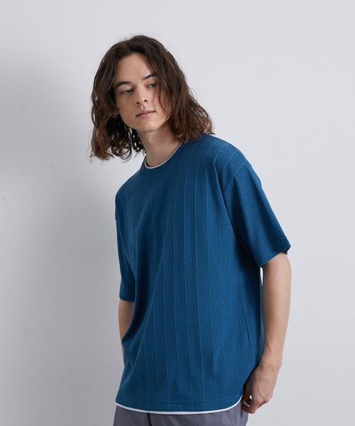 JUNRED（ジュンレッド）の「ストライプ梨地フェイクレイヤードTシャツ（Tシャツ/カットソー・メンズ・ブラック/モスグリーン/ブルー・L/LL/M）」の8枚目の写真