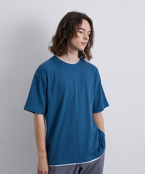 JUNRED（ジュンレッド）の「ストライプ梨地フェイクレイヤードTシャツ（Tシャツ/カットソー・メンズ・ブラック/モスグリーン/ブルー・L/LL/M）」の9枚目の写真